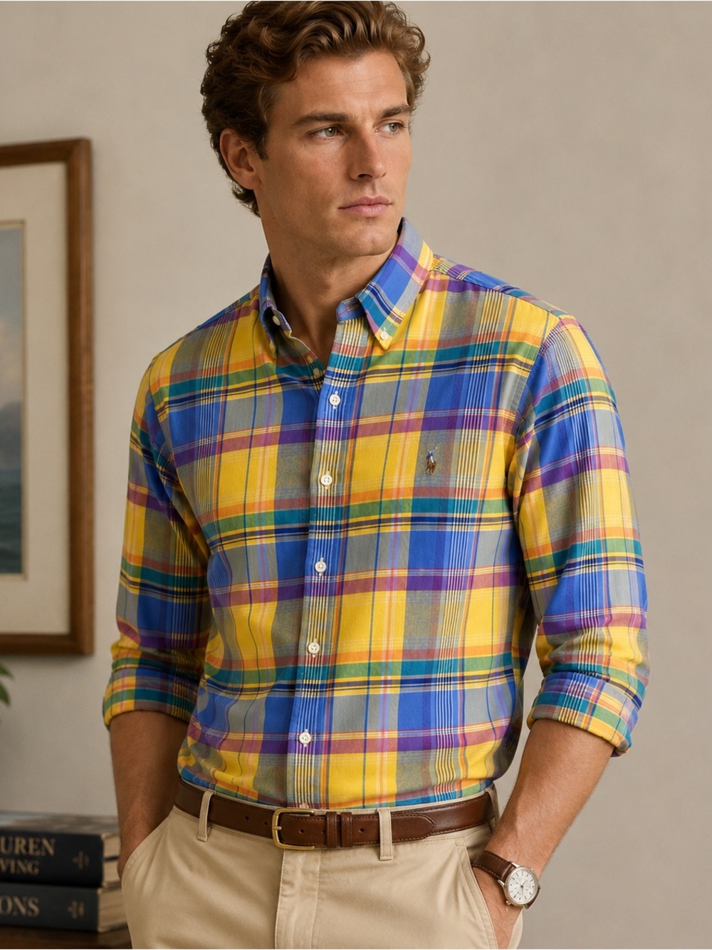 Polo Ralph Lauren Men's Large Yellow, Plaid Button-Down Shirt Classic Fit Preppy